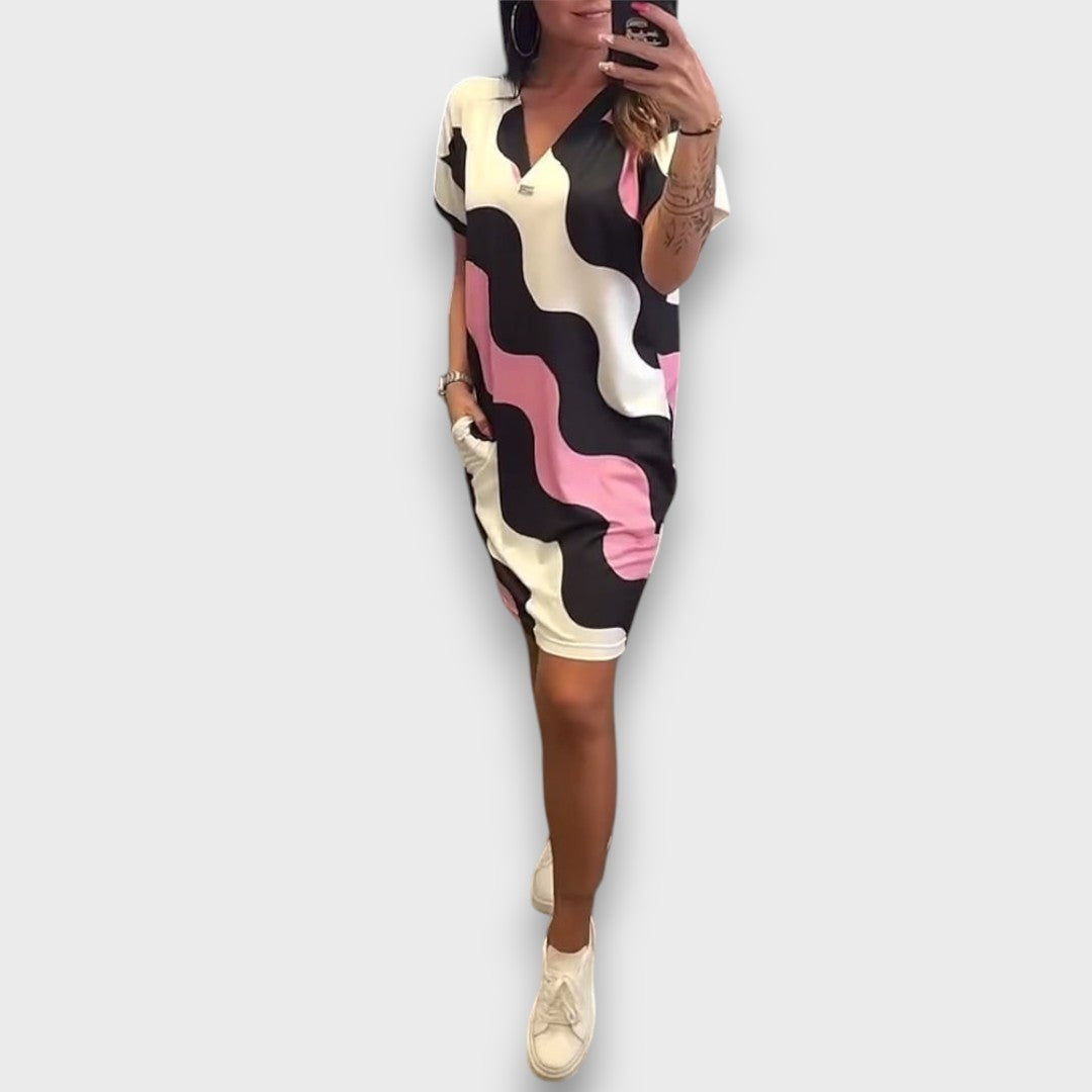 Mirely – Summer Dress with Wave Print and V-Neck