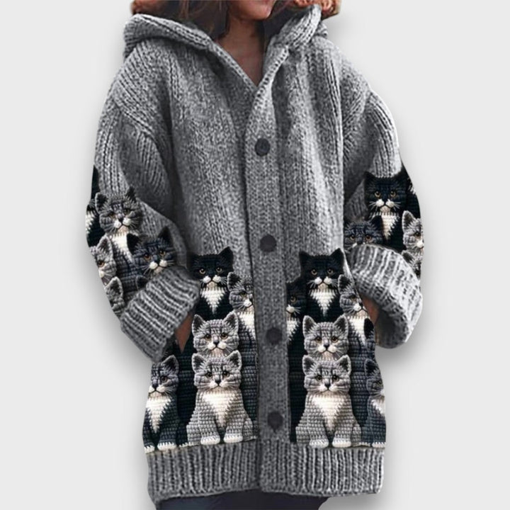Jaselle - Cozy Knit Cat Print Cardigan