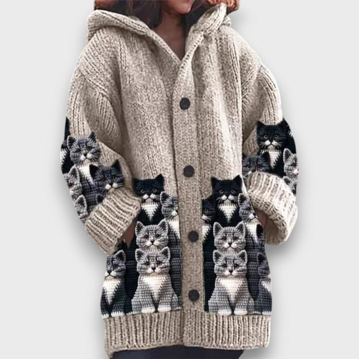 Jaselle - Cozy Knit Cat Print Cardigan