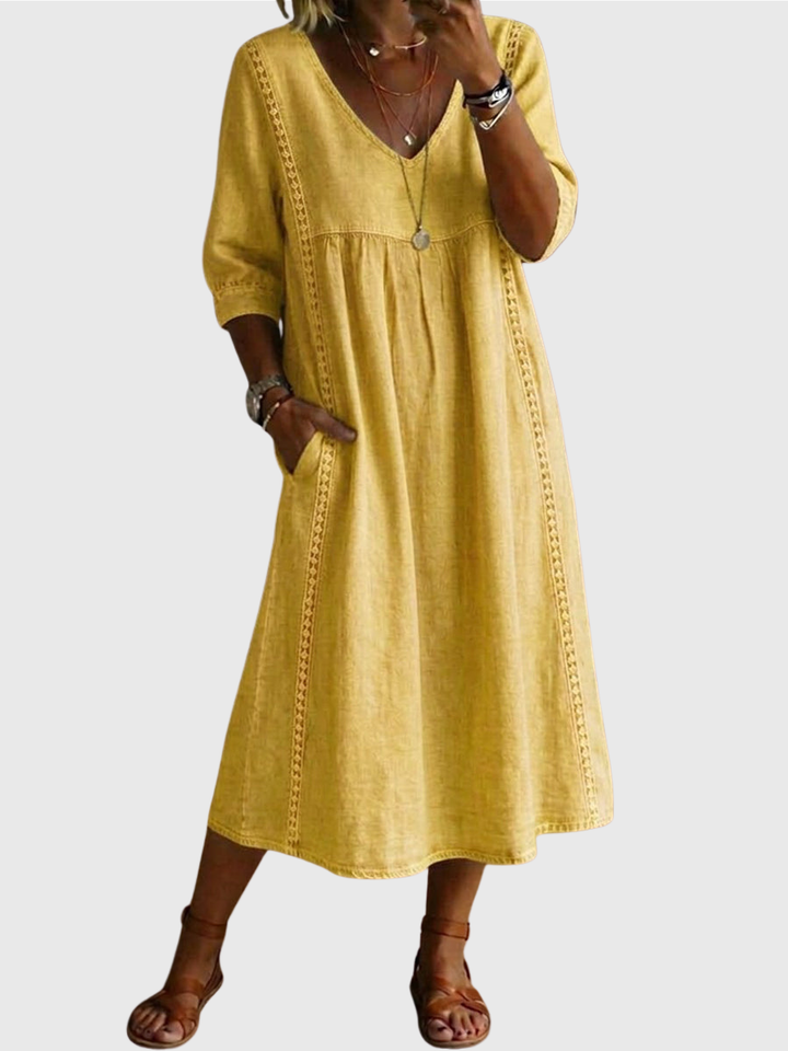 Sheena | Casual Loose-fitting Patchwork Lace Trim Linen And Cotton Dress