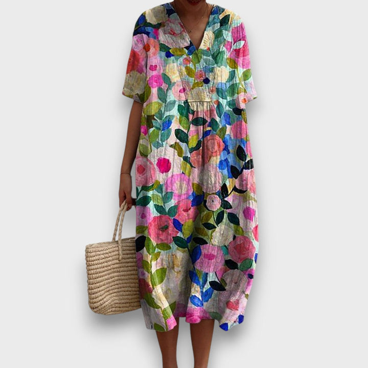 Miradie – Floral Midi Dress with V-Neck