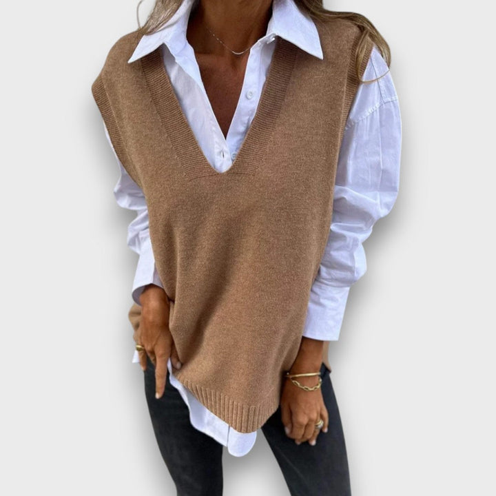 Lamielle – Knit Vest with V-Neck in Camel