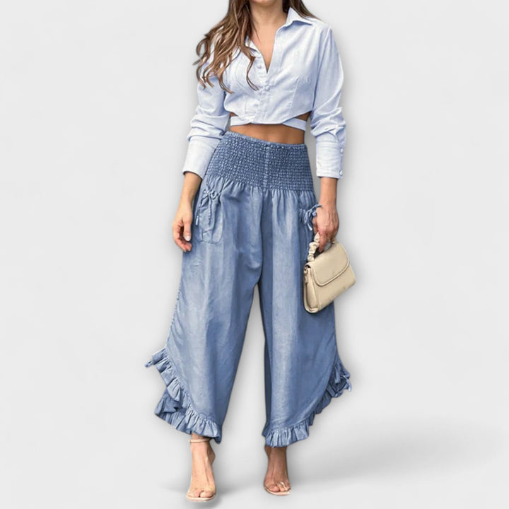 Mirani – Wide Ruffle Pants with Smocked Waistband