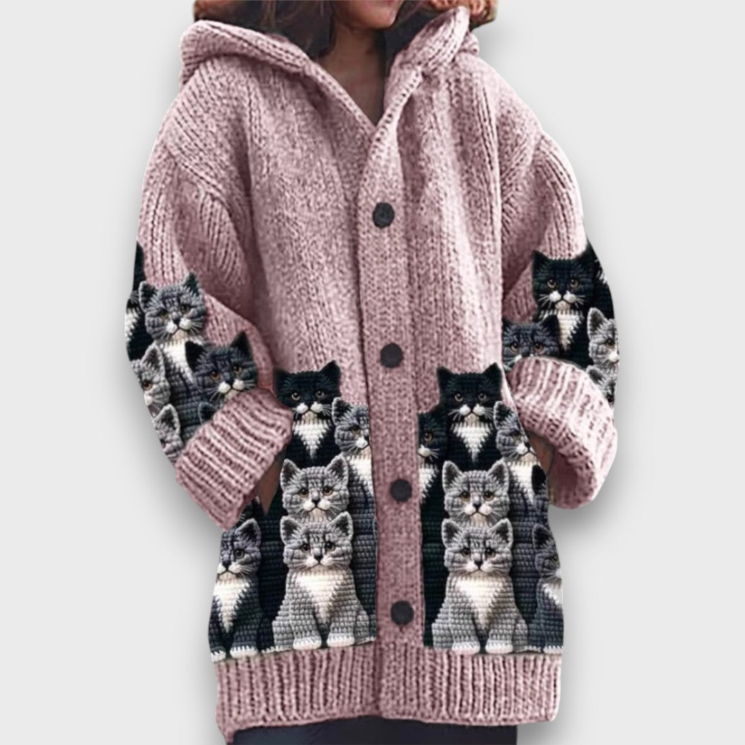 Jaselle - Cozy Knit Cat Print Cardigan