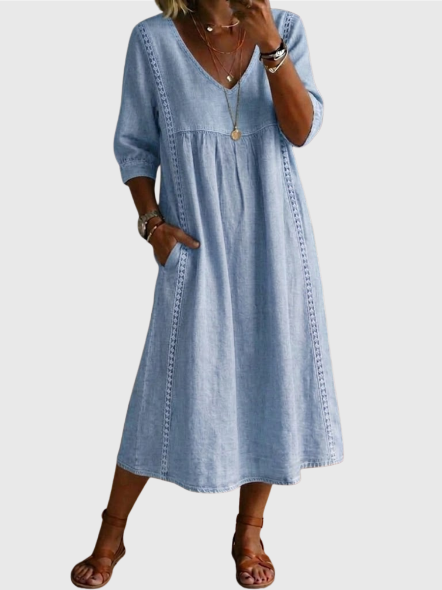 Sheena | Casual Loose-fitting Patchwork Lace Trim Linen And Cotton Dress