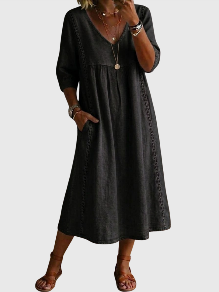 Sheena | Casual Loose-fitting Patchwork Lace Trim Linen And Cotton Dress
