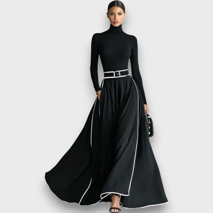 Marceline – Black Maxi Dress with White Stitching
