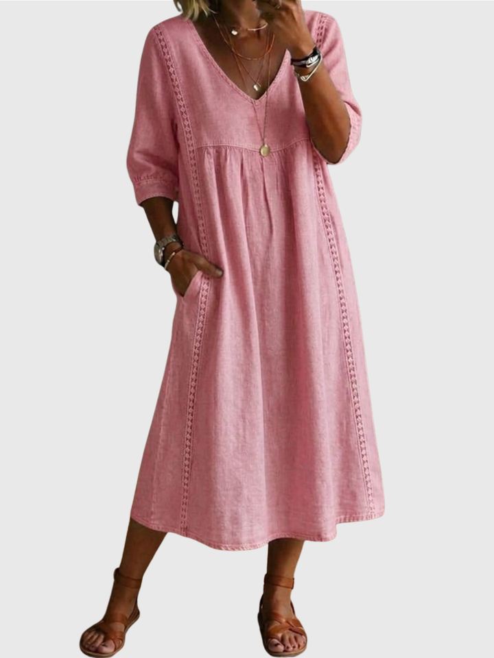 Sheena | Casual Loose-fitting Patchwork Lace Trim Linen And Cotton Dress