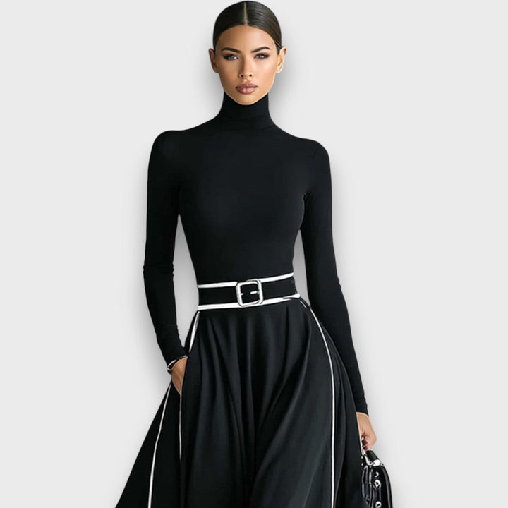 Marceline – Black Maxi Dress with White Stitching