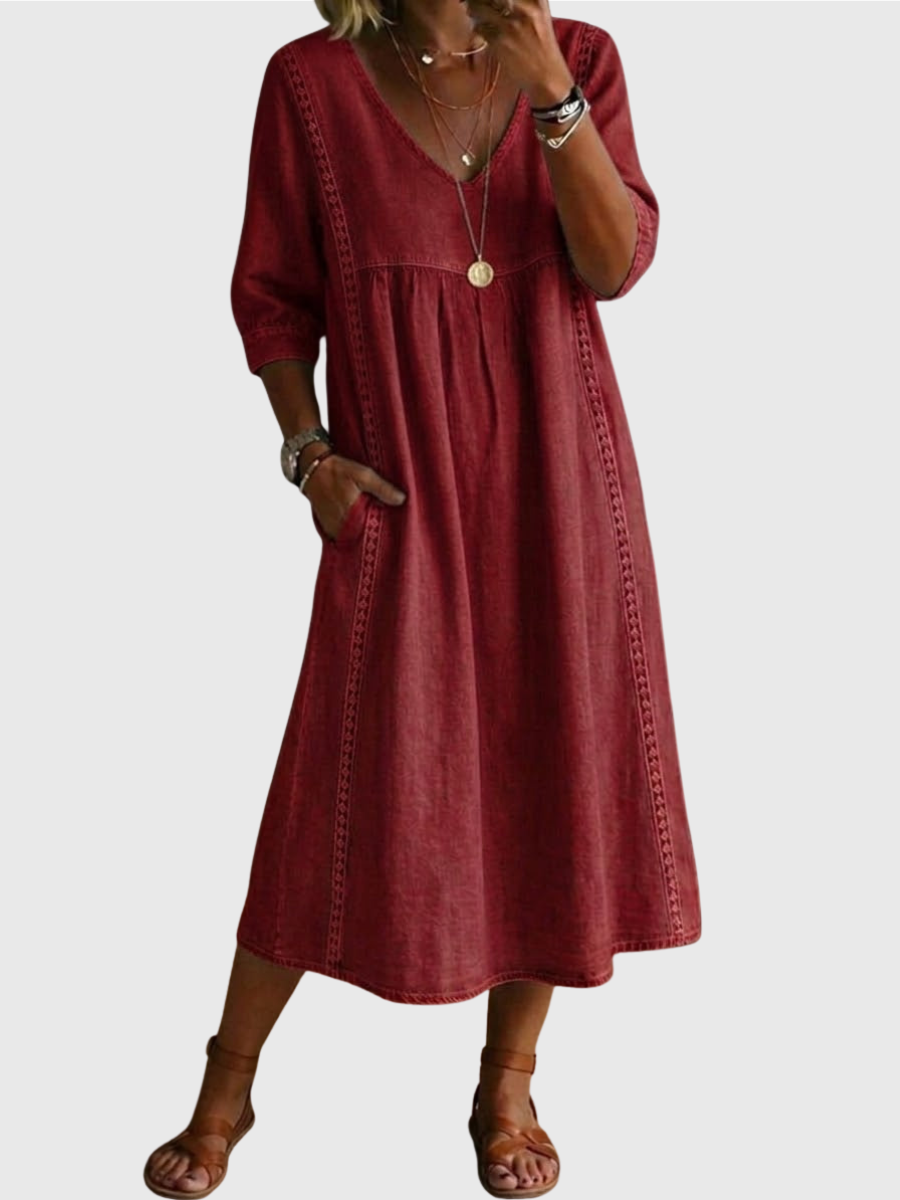 Sheena | Casual Loose-fitting Patchwork Lace Trim Linen And Cotton Dress