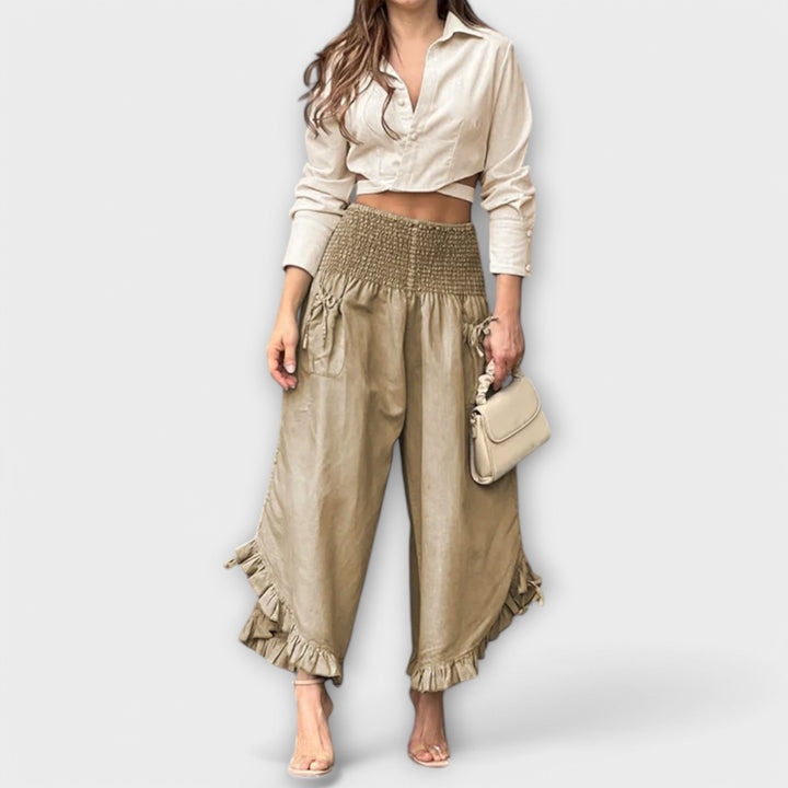 Mirani – Wide Ruffle Pants with Smocked Waistband