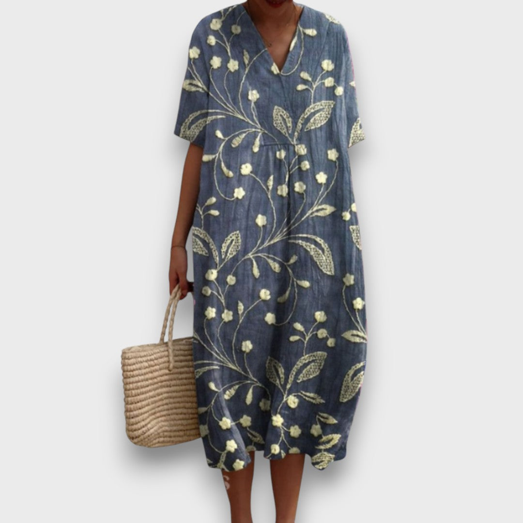 Miradie – Floral Midi Dress with V-Neck