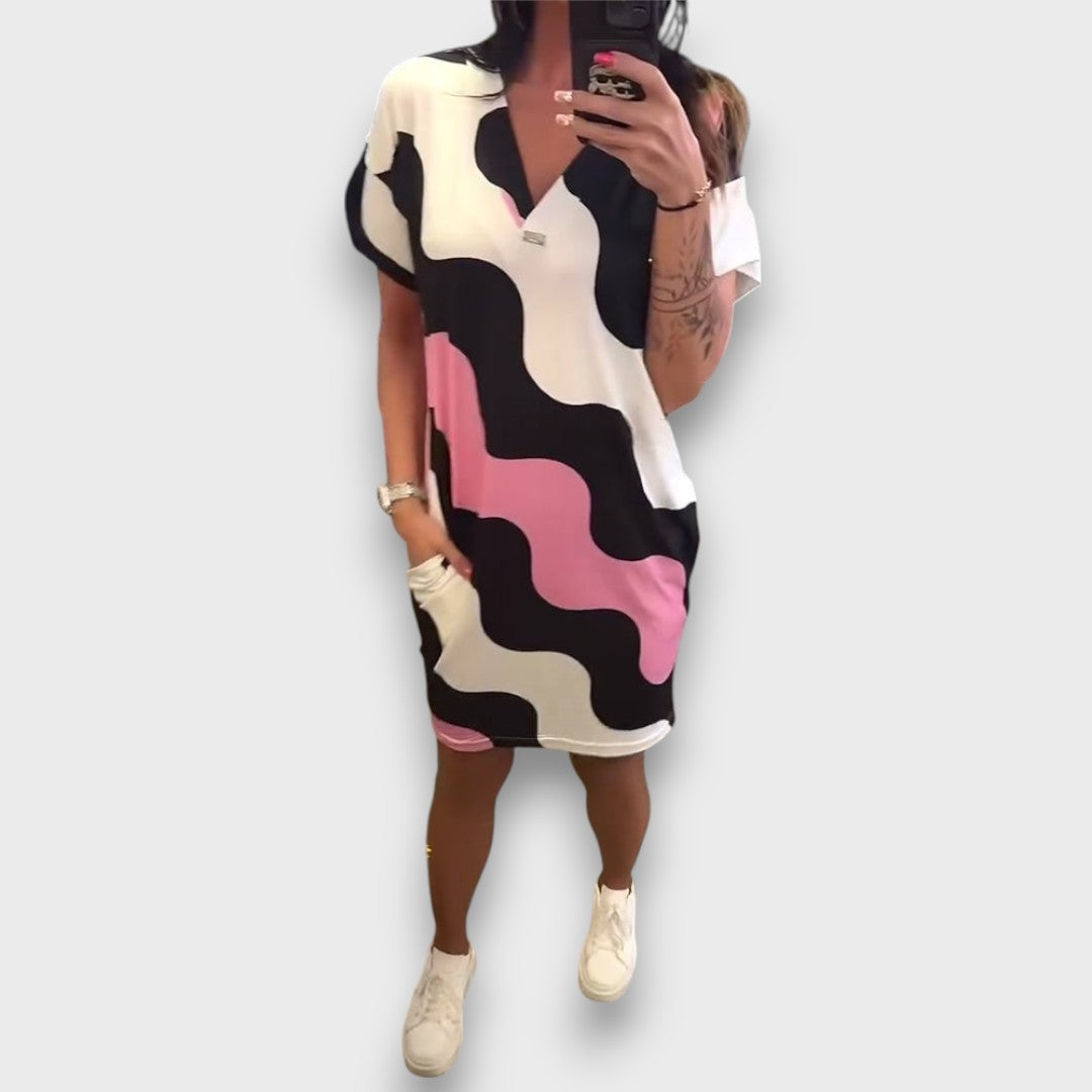 Mirely – Summer Dress with Wave Print and V-Neck