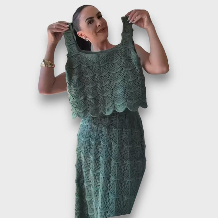 Brilene – Two-Piece Set with Crochet Pattern Top and Skirt