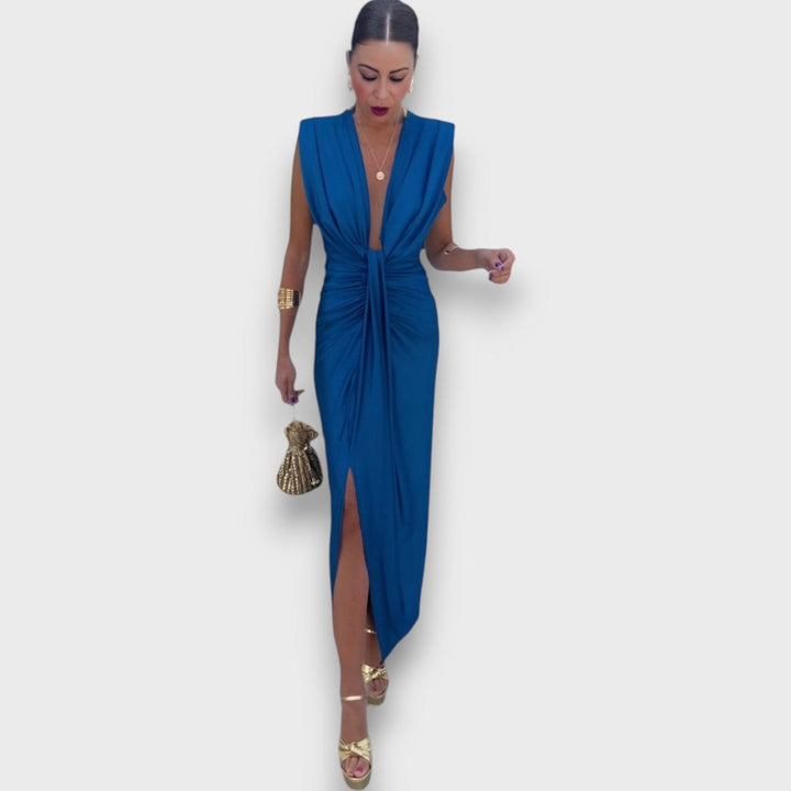 Oriane – Draped Evening Dress with Deep Neckline