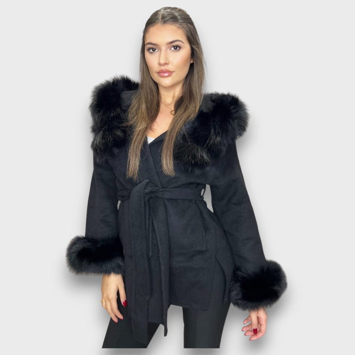 Cartelle – Elegant long coat with hood and statement trim