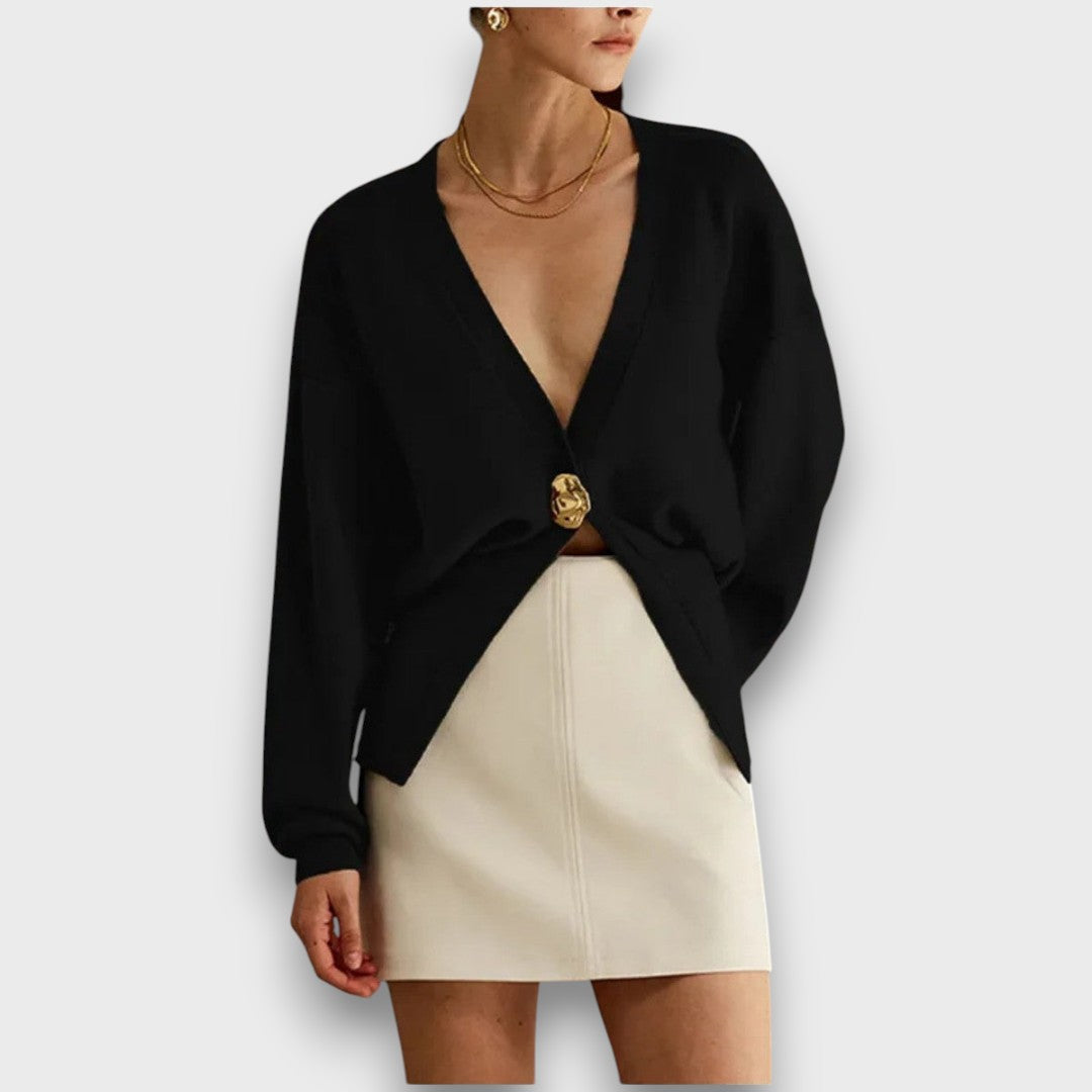 Enea – Deep V-Neck Cardigan with Gold Button