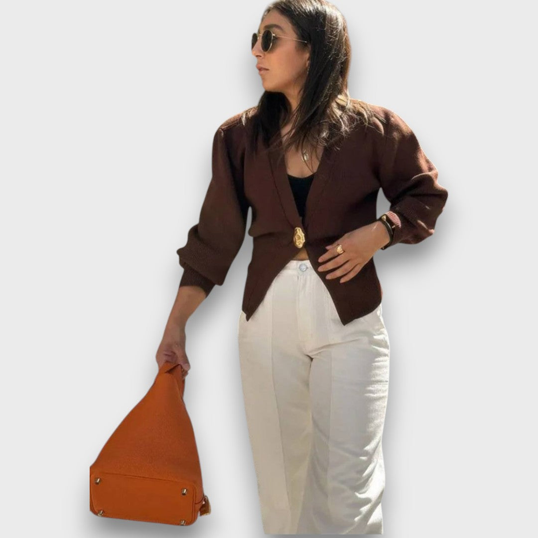 Enea – Deep V-Neck Cardigan with Gold Button