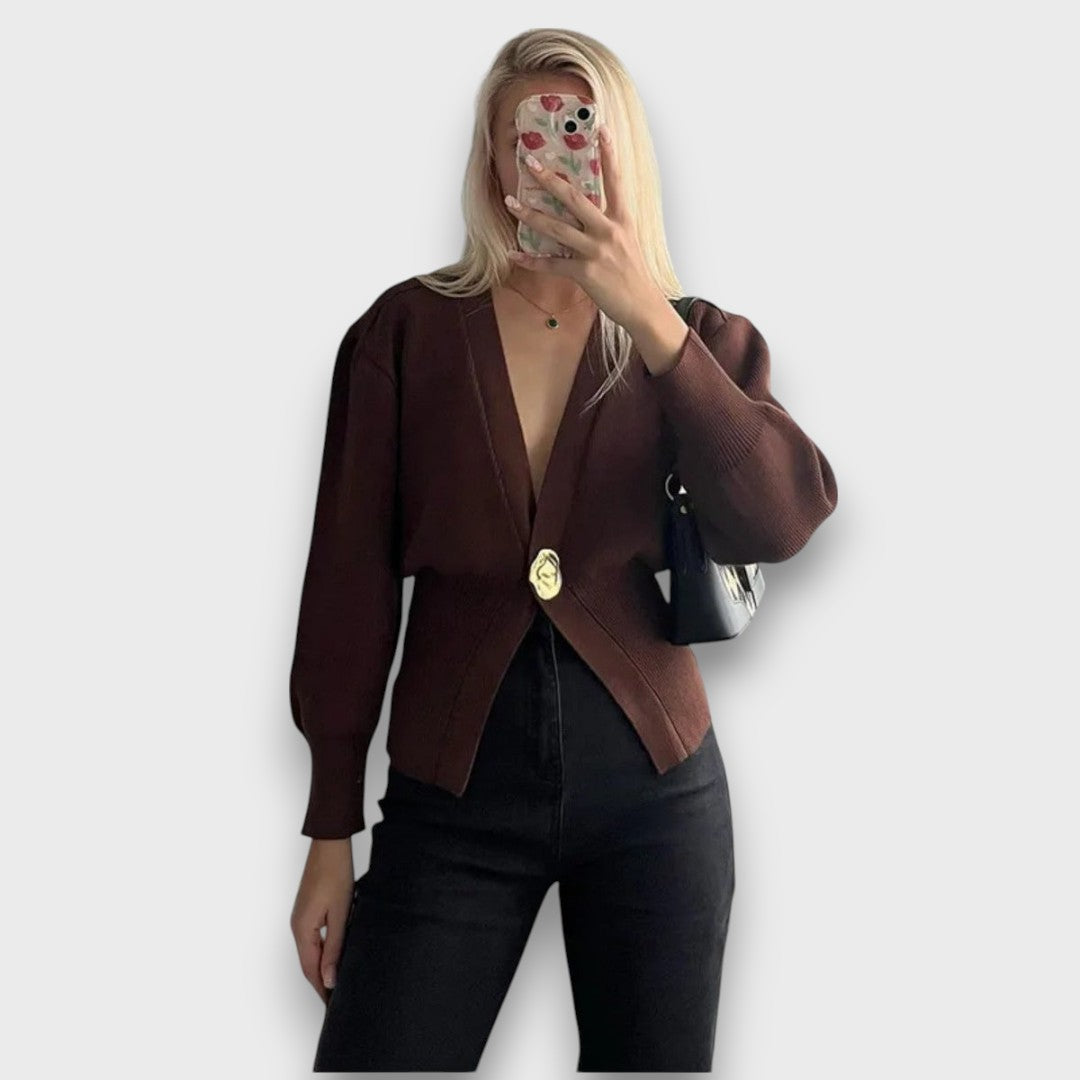 Enea – Deep V-Neck Cardigan with Gold Button