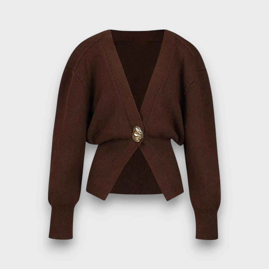 Enea – Deep V-Neck Cardigan with Gold Button