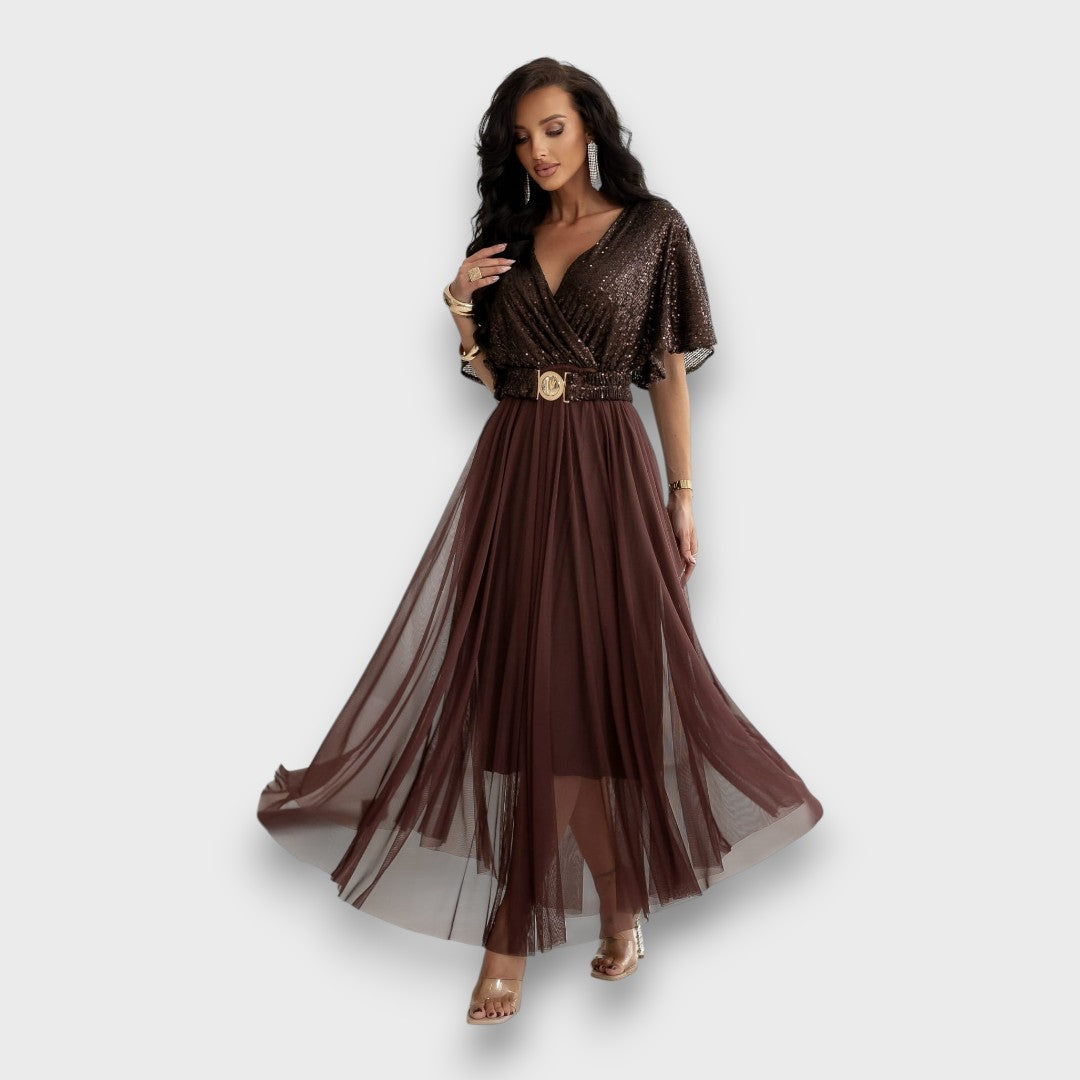 Maristelle – Wrap Gown with Flowing Mesh Skirt