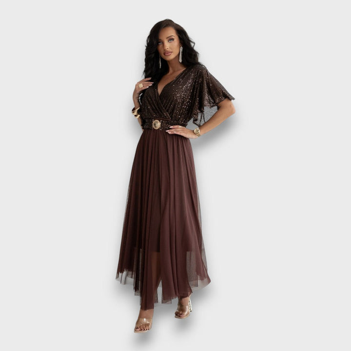 Maristelle – Wrap Gown with Flowing Mesh Skirt