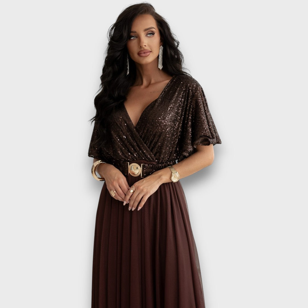 Maristelle – Wrap Gown with Flowing Mesh Skirt