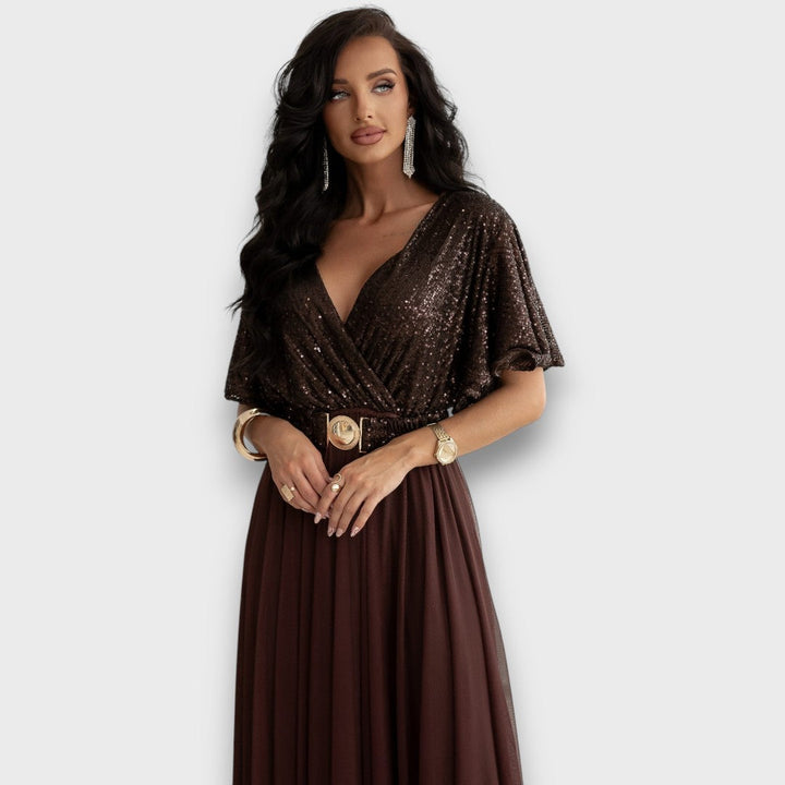 Maristelle – Wrap Gown with Flowing Mesh Skirt