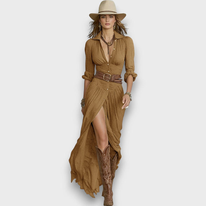 Selvya – Maxi Pleated Dress with Waist Belt