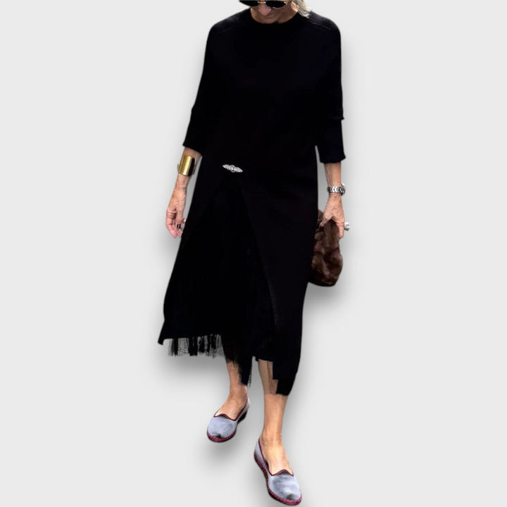 Elaira – Layered Knit & Tulle Midi Dress