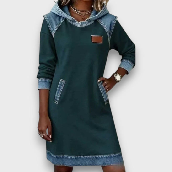 Danira – Hoodie Dress with Denim Accents