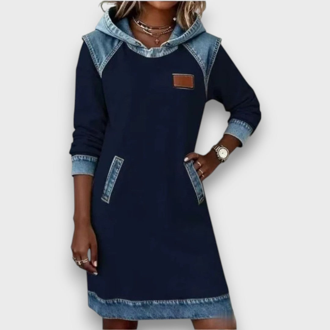 Danira – Hoodie Dress with Denim Accents