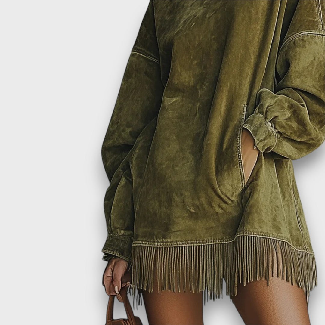 Seriva – Suede Fringe Turtleneck Dress