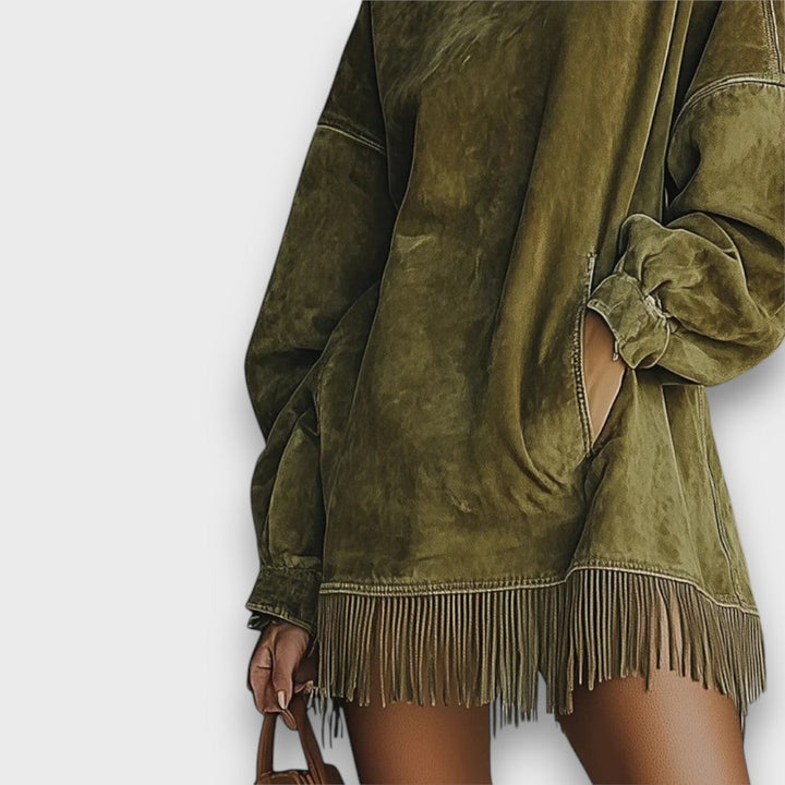 Seriva – Suede Fringe Turtleneck Dress