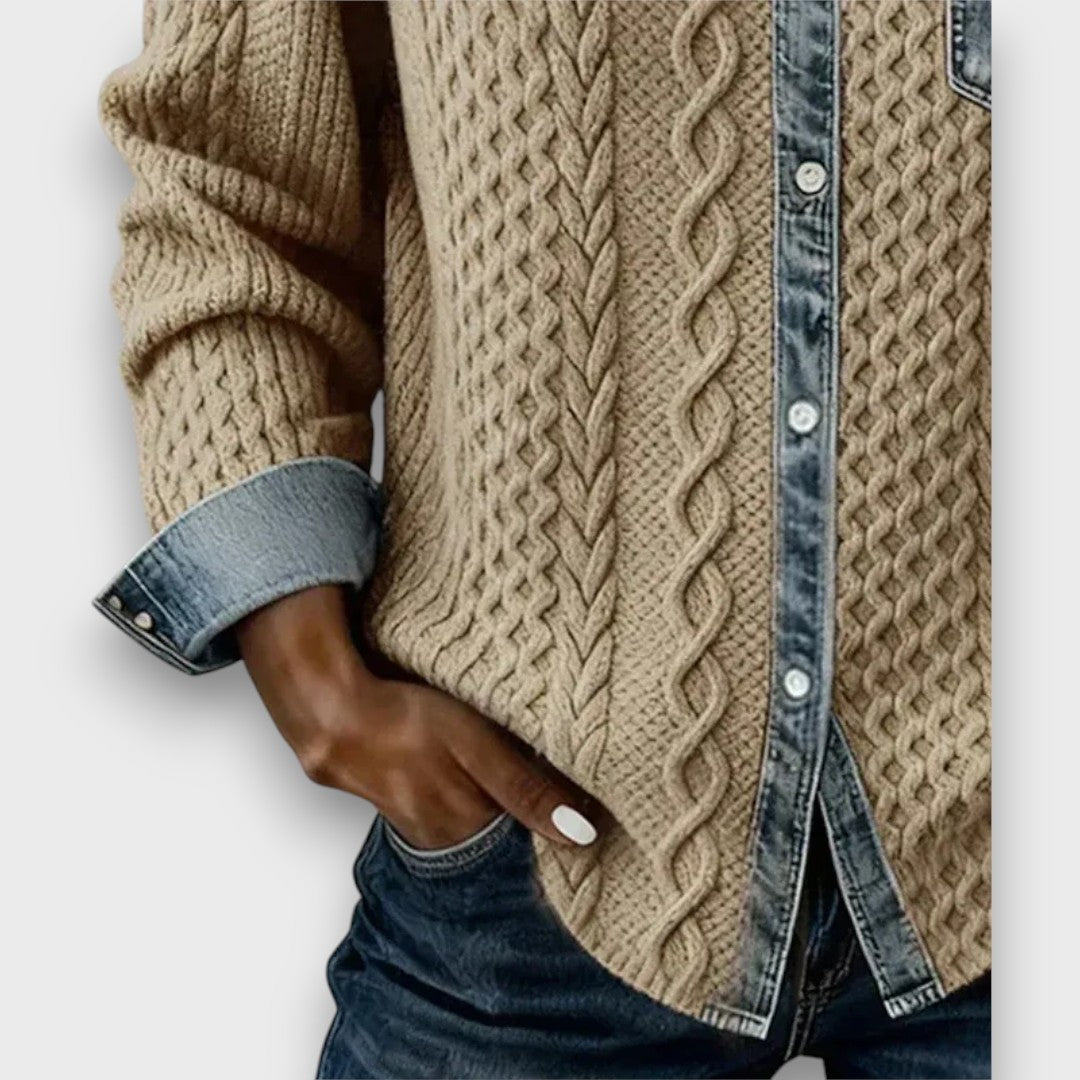 Ambria – Patchwork Knit Top with Denim Details