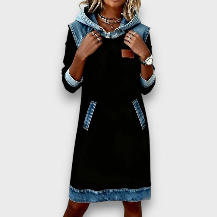 Danira – Hoodie Dress with Denim Accents
