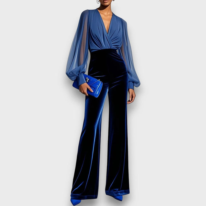 Valenya – Mesh-Sleeve Velvet Evening Jumpsuit