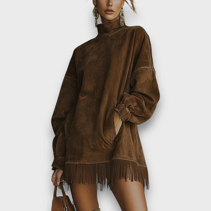 Seriva – Suede Fringe Turtleneck Dress