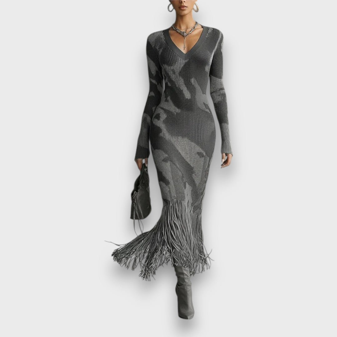 Ysolde – Olive Camo Knit Fringe Maxi Dress