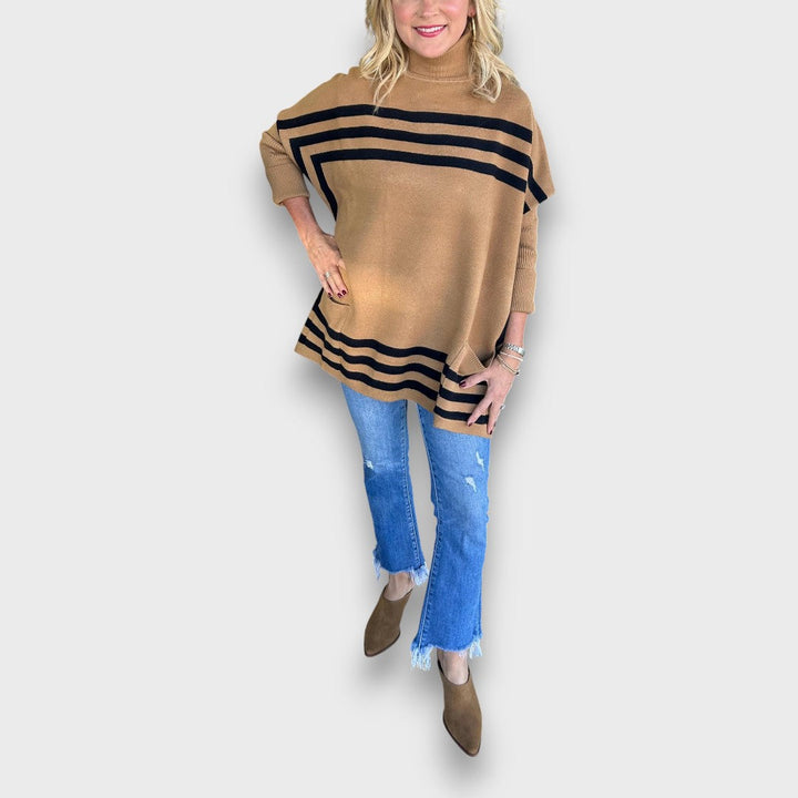 Marlen – High Neck Bat Sleeve Striped Sweater