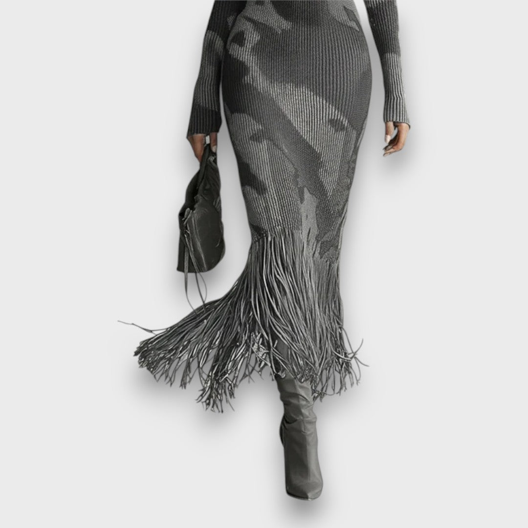 Ysolde – Olive Camo Knit Fringe Maxi Dress