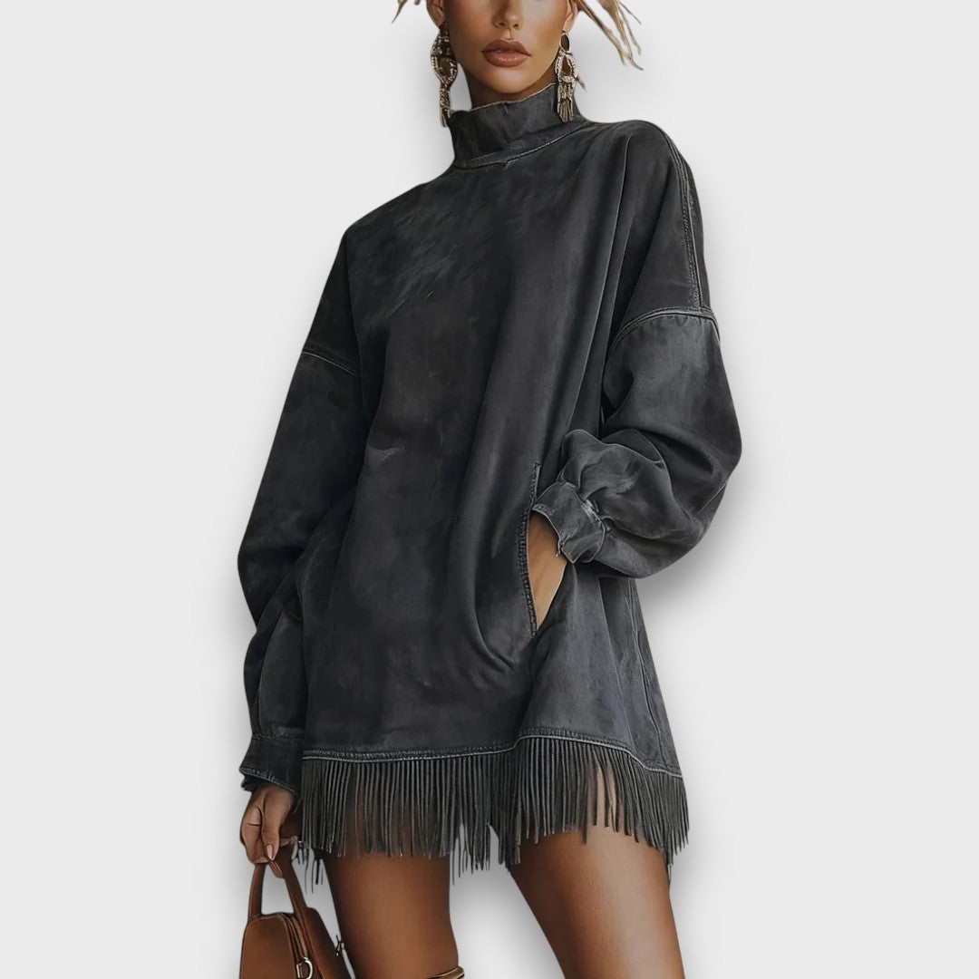 Seriva – Suede Fringe Turtleneck Dress