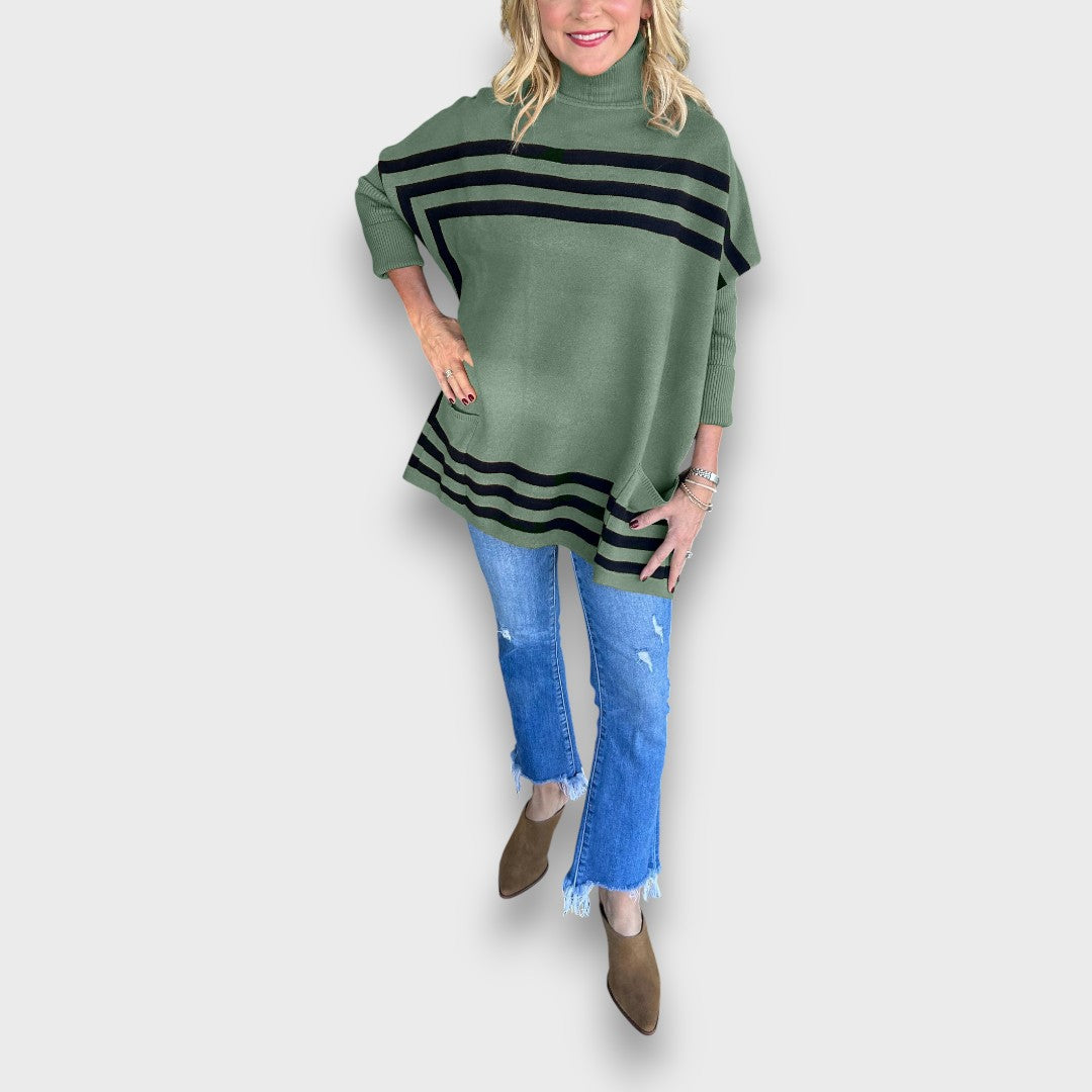 Marlen – High Neck Bat Sleeve Striped Sweater