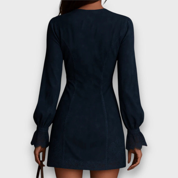 Lynara – Suede Mini Dress with Vintage Lace Detail