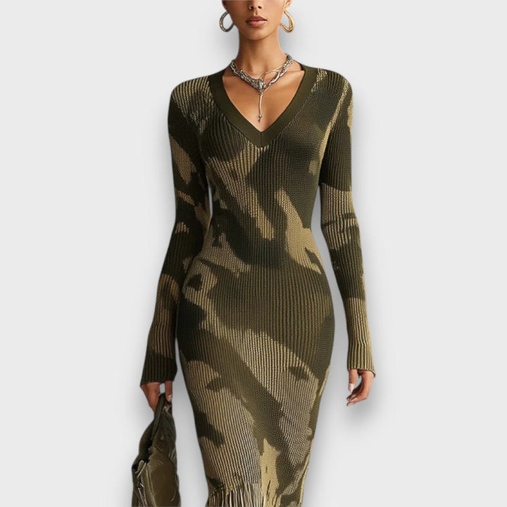 Ysolde – Olive Camo Knit Fringe Maxi Dress