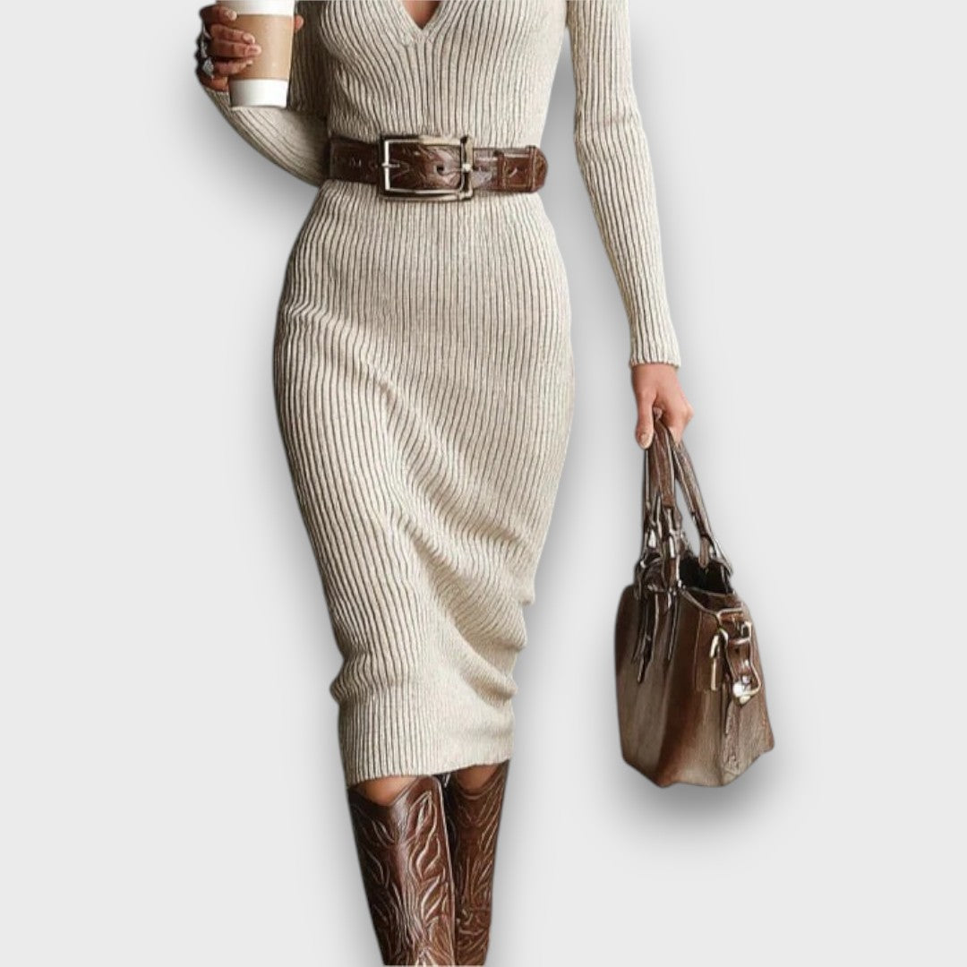 Dianelle – Knit Midi Dress with Belt and Half-Turtleneck