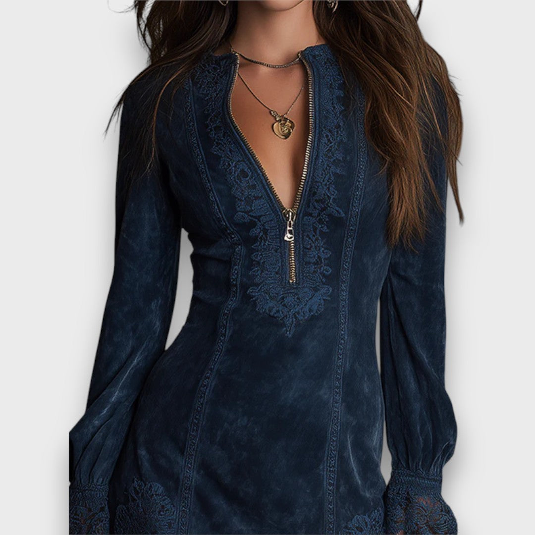 Lynara – Suede Mini Dress with Vintage Lace Detail