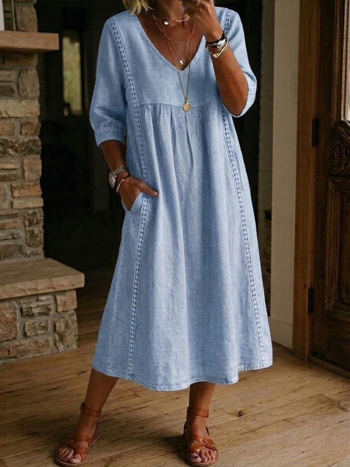 Sheena | Casual Loose-fitting Patchwork Lace Trim Linen And Cotton Dress