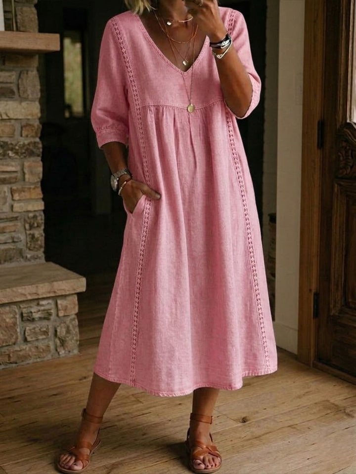 Sheena | Casual Loose-fitting Patchwork Lace Trim Linen And Cotton Dress